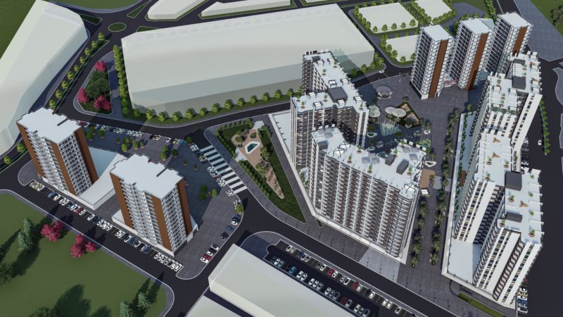 A large-scale Mersin complex in the center, consisting of seven 15-storey blocks